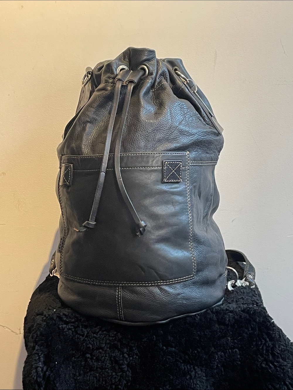 Rugby vintage North American leather bucket backpack bag large